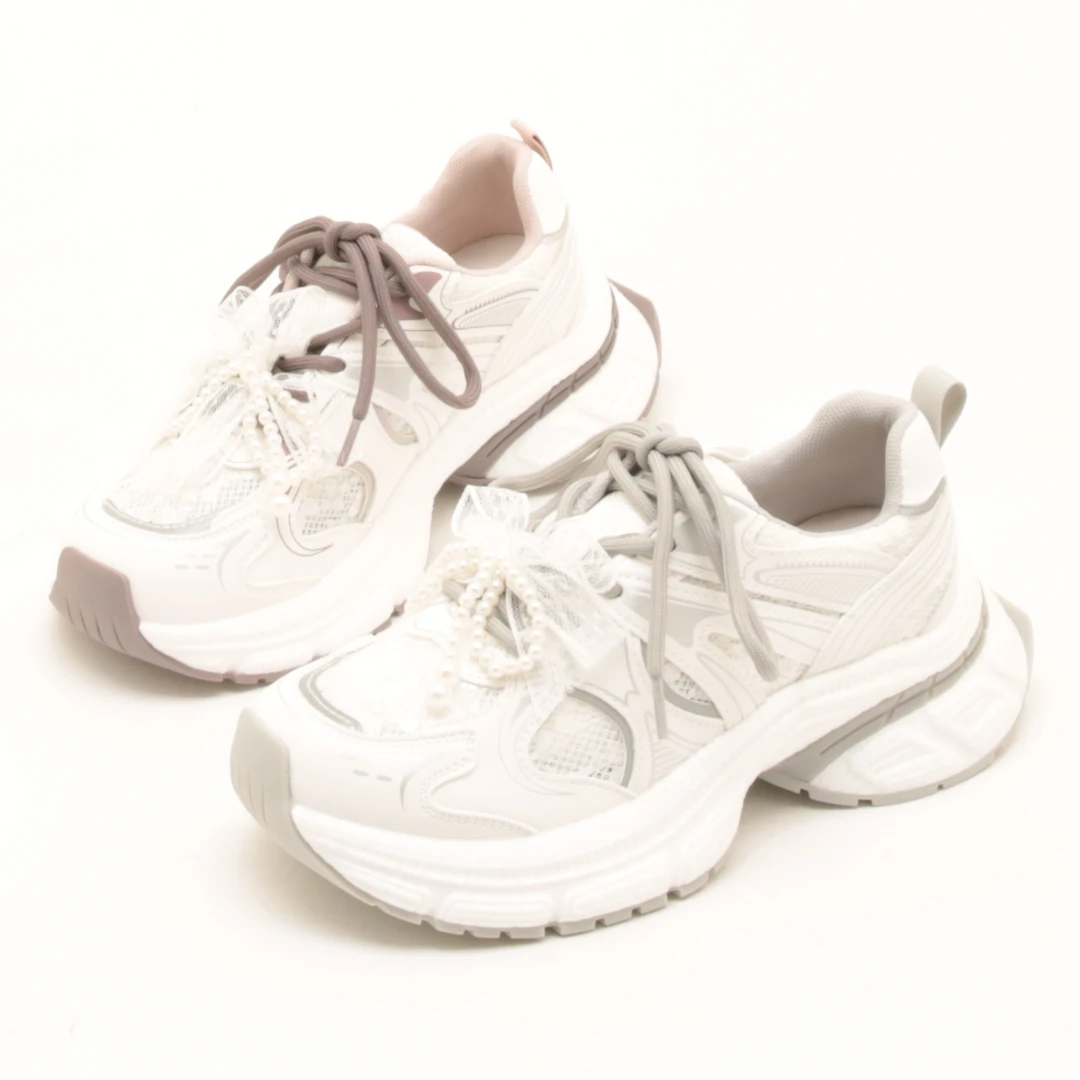 6581春夏新款珍珠蕾丝蝴蝶结网面女鞋时尚百搭舒适透气休闲老爹鞋