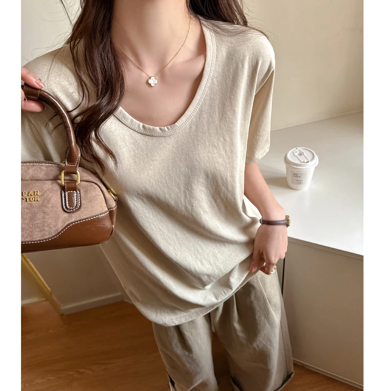 慵懒风高级感领宽松正肩短袖t恤时尚夏季棉韩系上衣打底衫洋气T恤