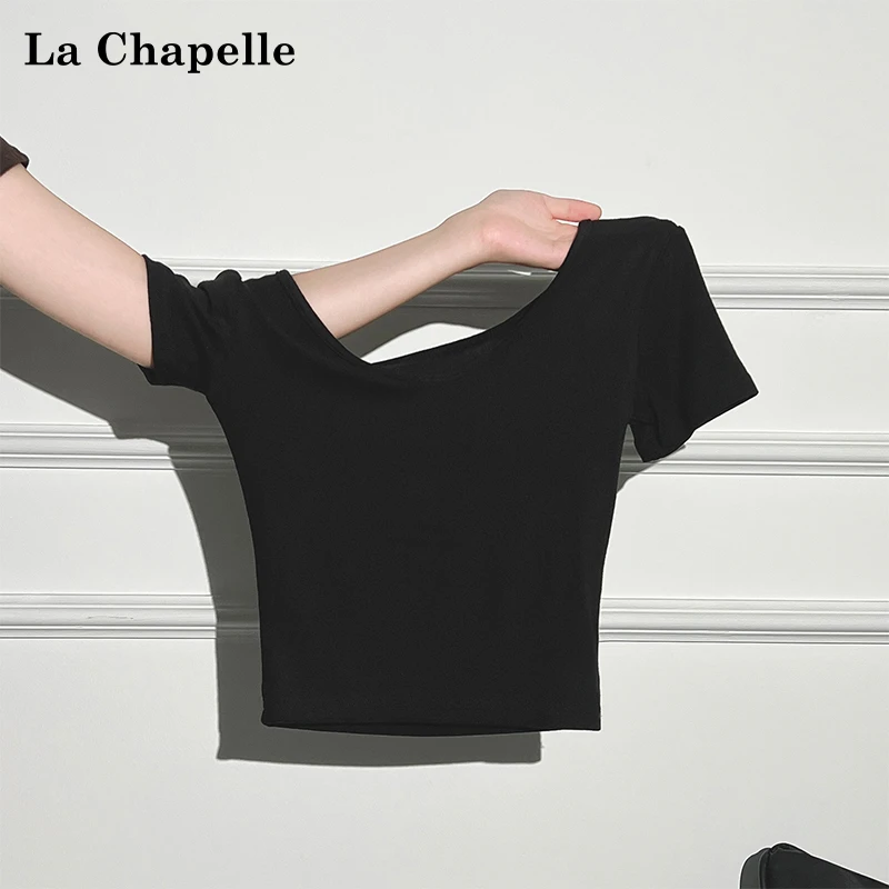 拉夏贝尔甜辣妹U领收腰短袖T恤女夏季新款小众设计感修身V领上衣