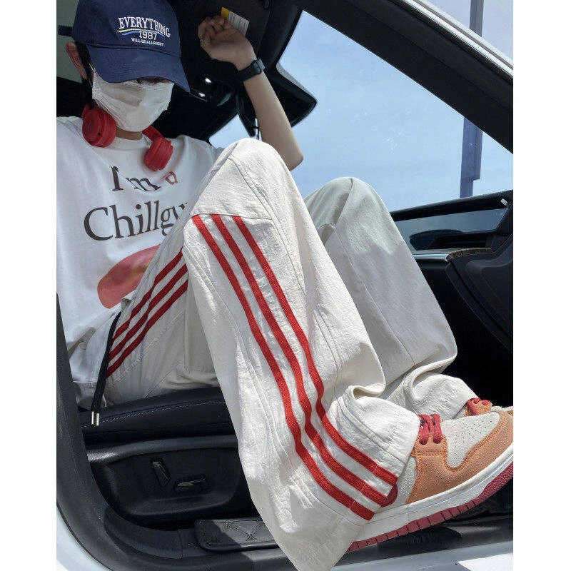 白色三条杠条纹裤子男夏季薄款冰丝速干伞兵冲锋裤美式直筒休闲裤