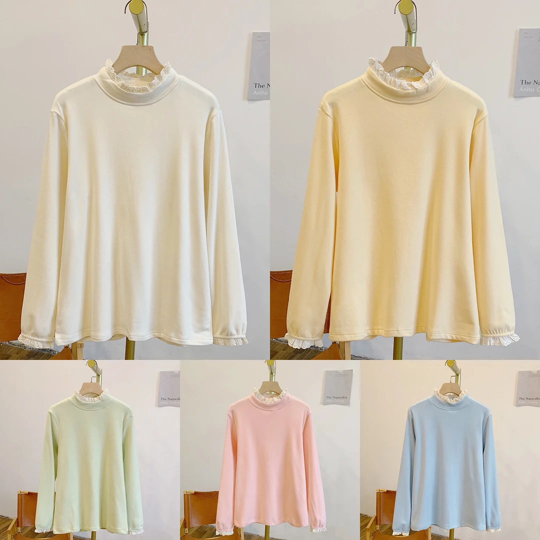 马卡龙C4841磨毛德绒蕾丝边立领长袖打底T恤