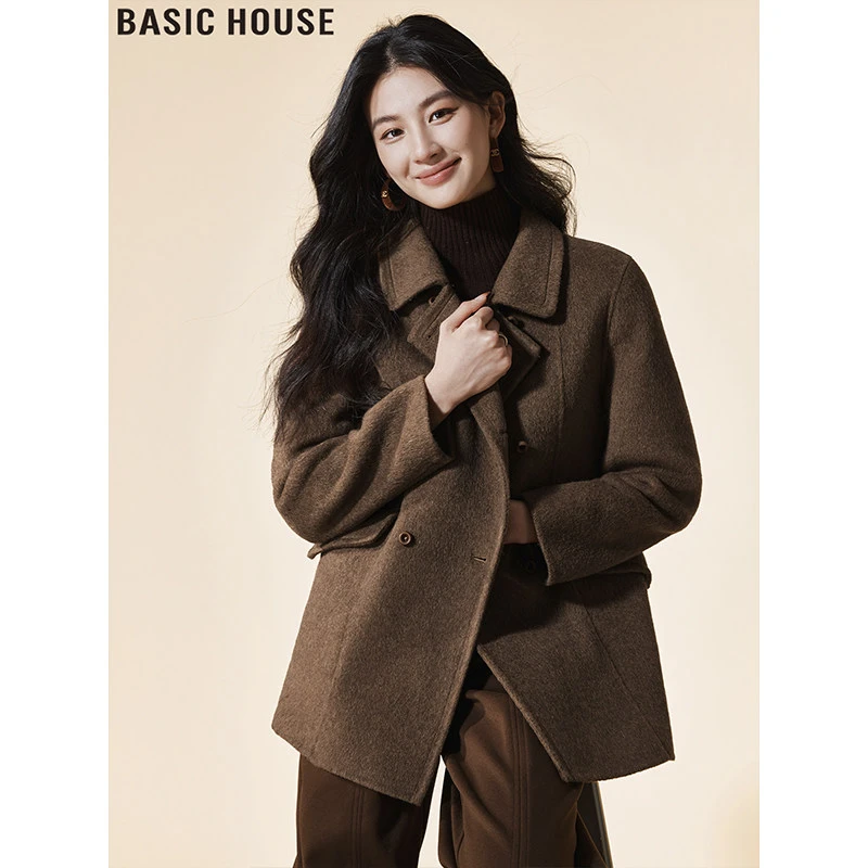 Basic House/百家好高级感翻领毛呢外套双面绵羊毛大衣女2025冬季