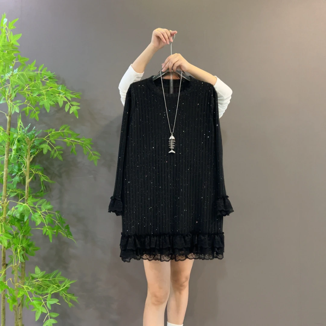 1916韩版新款简约满天星圆领针织拼接蕾丝长袖宽松遮肉大码大衫