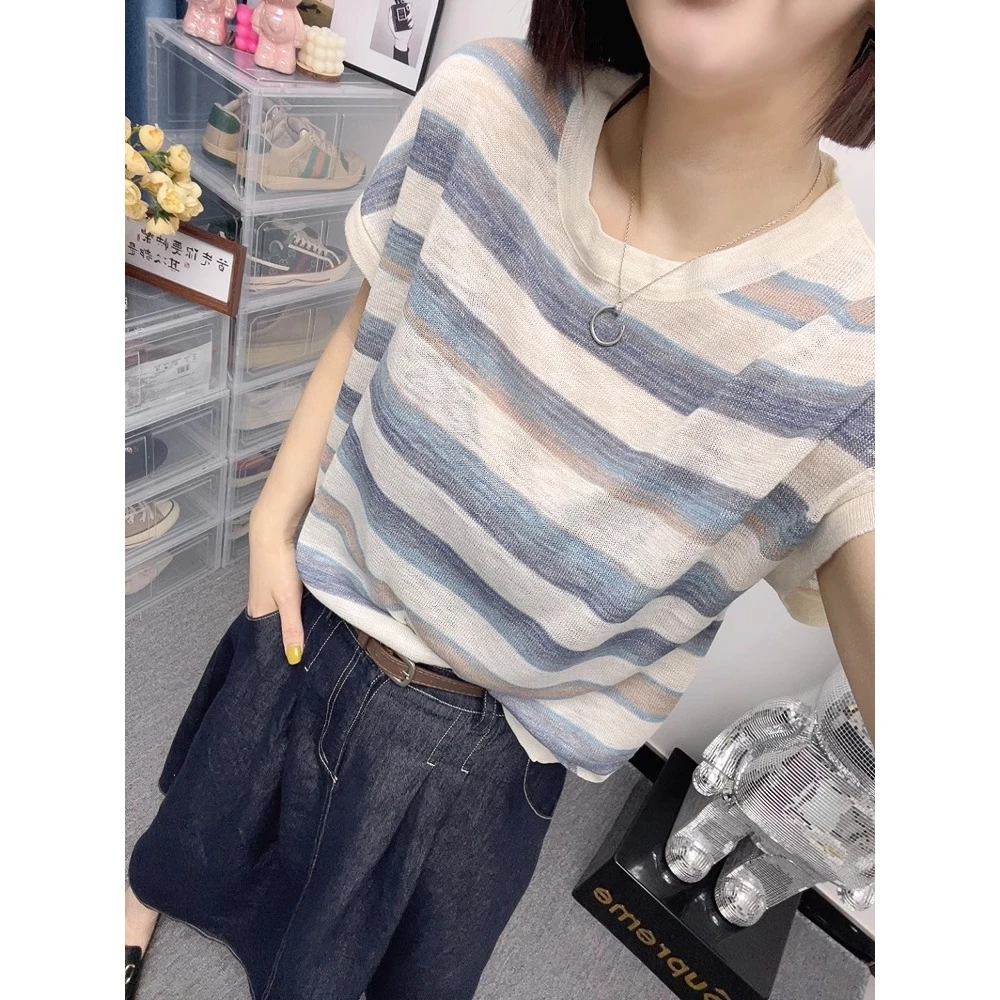 设计感渐变条纹冰丝短袖针织衫女夏季洋气减龄休闲百搭别致上衣