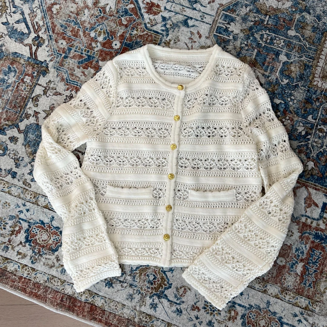 LNHJ【流苏】香风精致百搭镂空针织钩花长袖开衫小香风