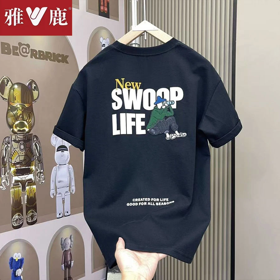 雅鹿纯棉男士短袖T恤夏季薄款时尚男装潮牌印花修身半袖百搭圆领