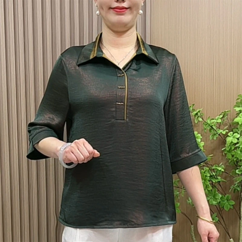 妈妈春夏装洋气翻领衬衫2025新款中老家女装大码宽松高档中袖衬衣