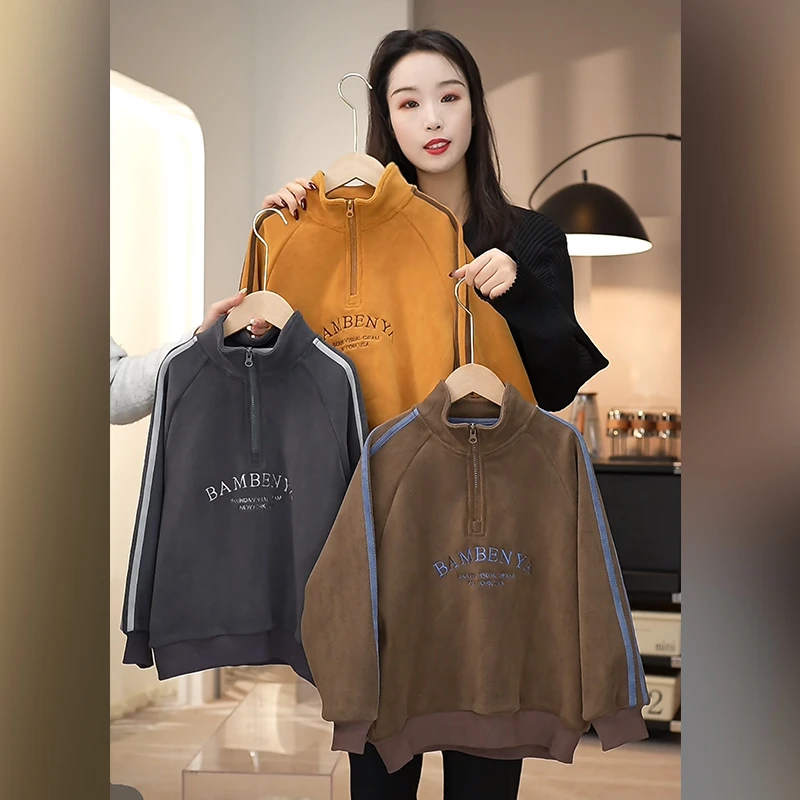 现货【定制双面绒】潮男童加绒卫衣立领刺绣保暖半拉链冬款G5665