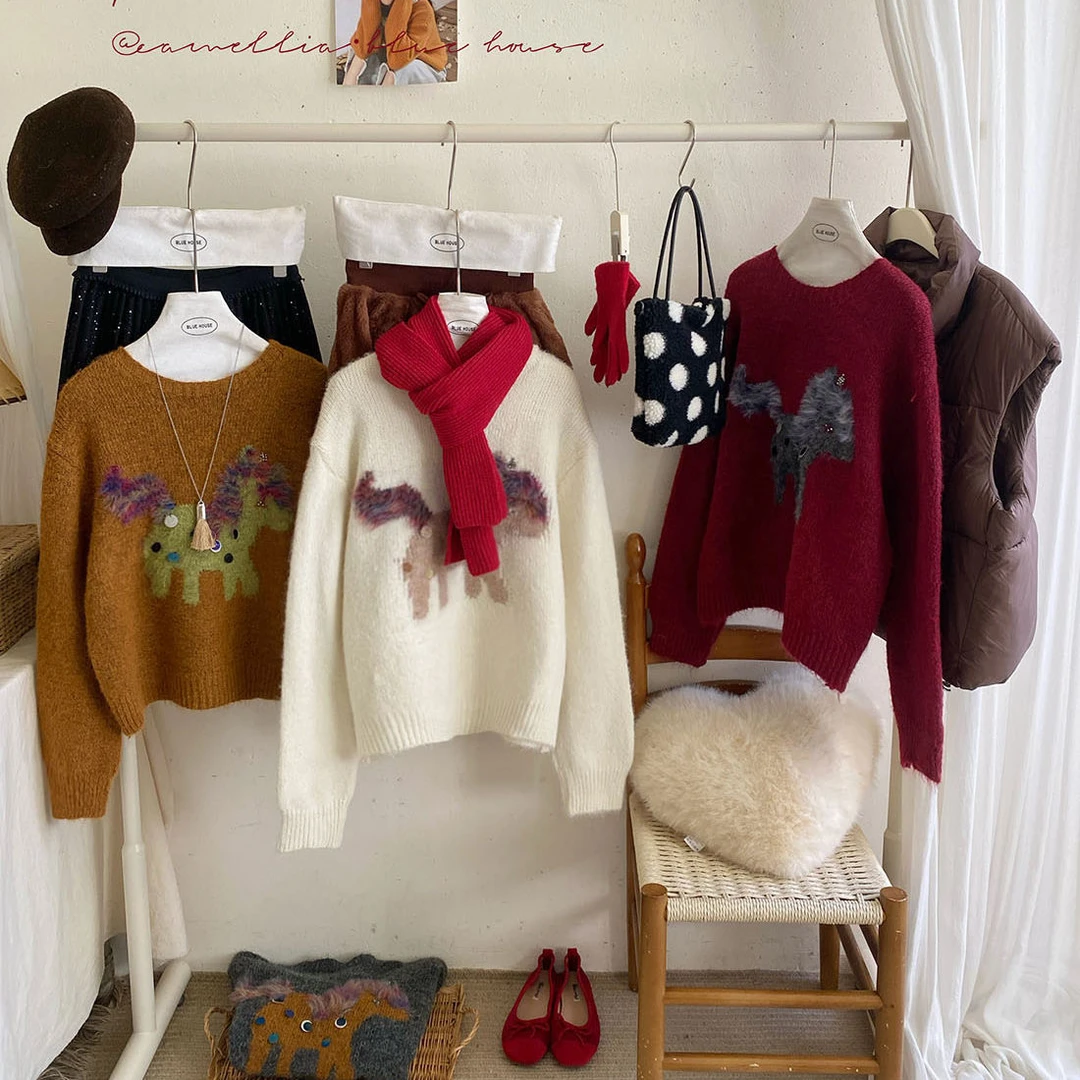 慵懒氛围小马提花圆领毛衣女冬立体毛绒感减龄保暖长袖套头针织衫