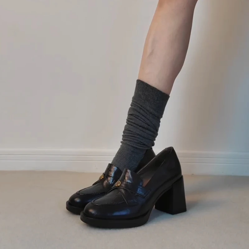 羊皮版~山茶花粗跟英伦风乐福鞋女2025新款单鞋高跟一脚蹬小皮鞋