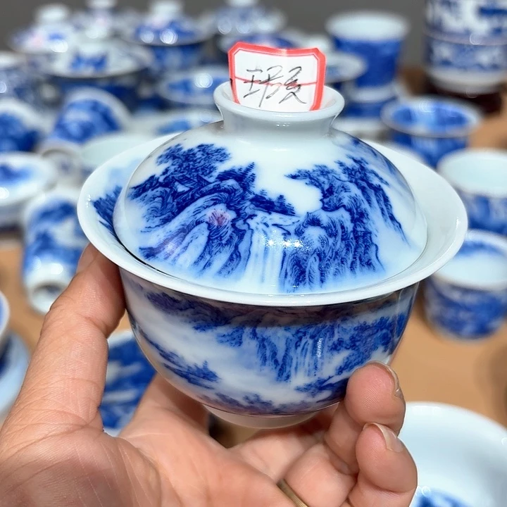 两***窝景德镇纯手工手绘盖碗