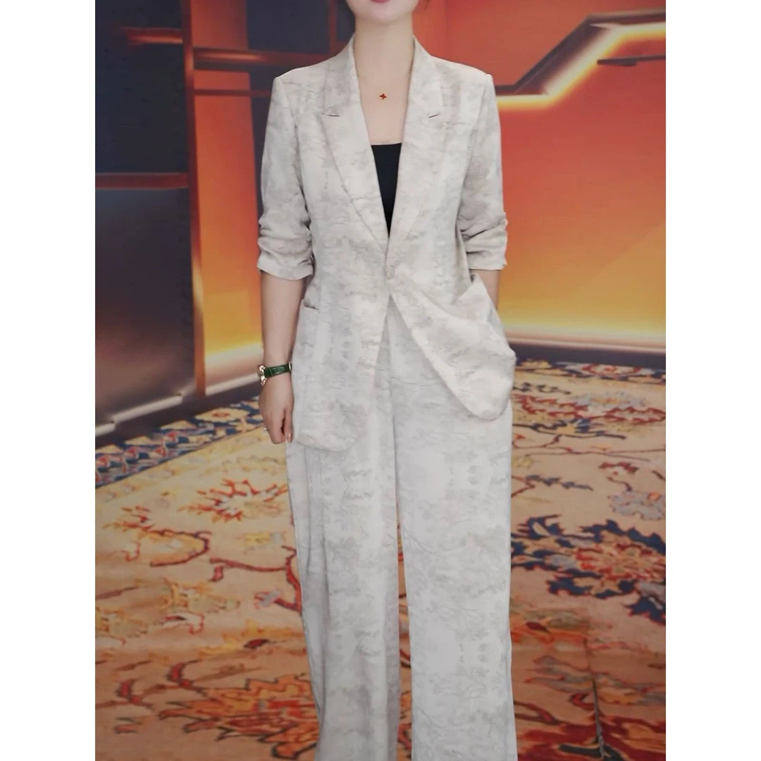 时尚潮流套装2025夏季新款高级气质印花西服上衣+阔腿长裤两件套