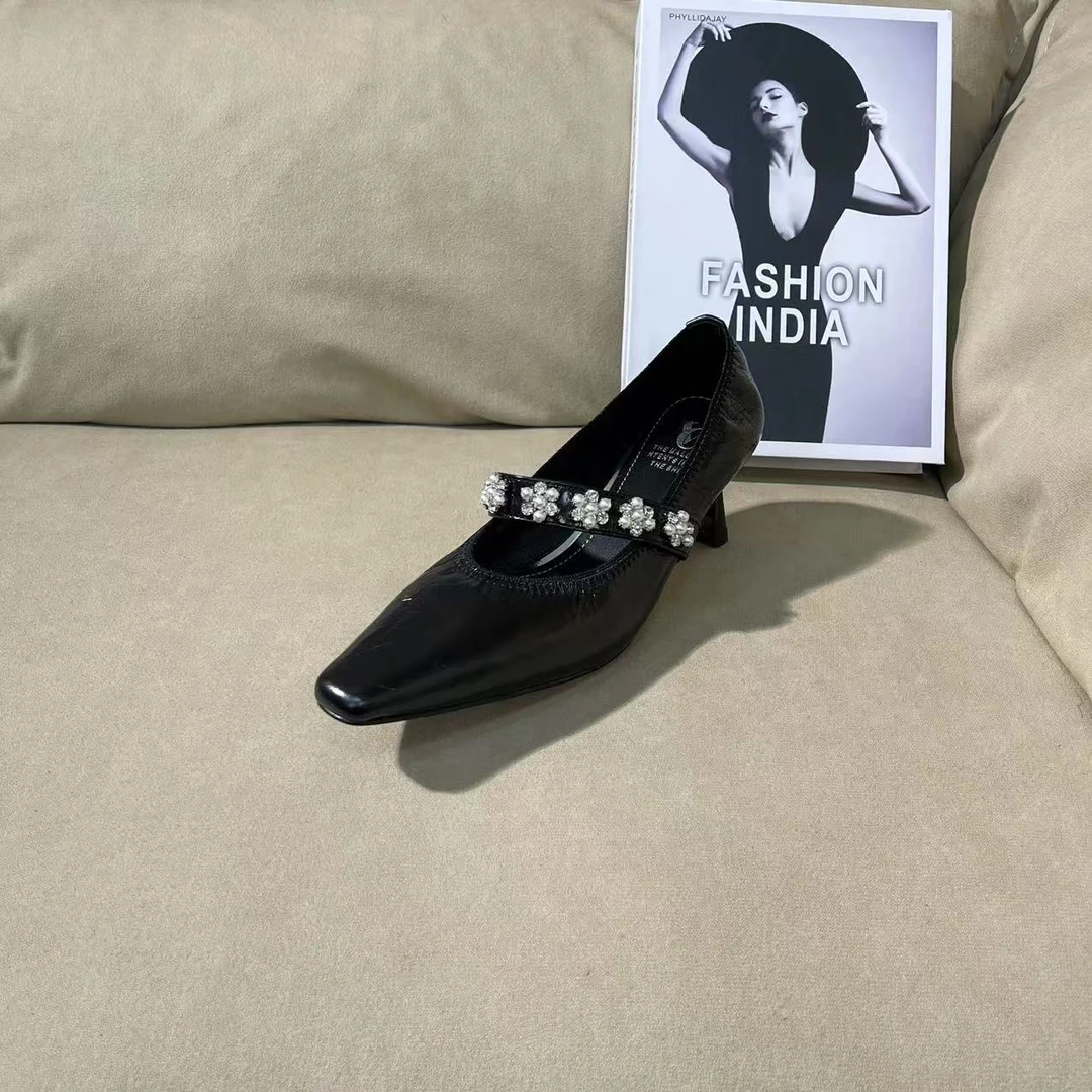 1088【卡普里】黑色夏季新款方头时尚休闲低跟浅口牛皮单鞋C【4cm】