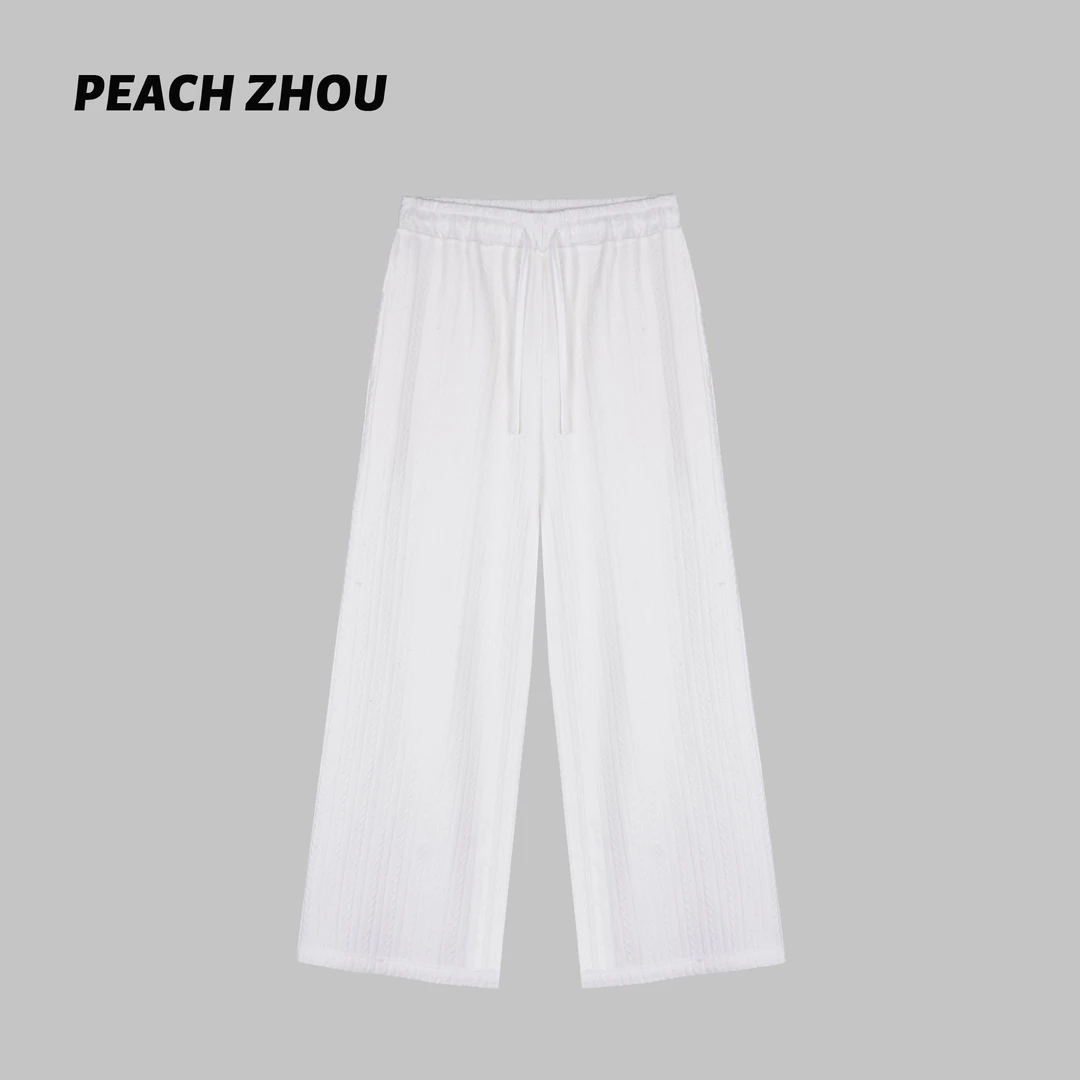 『PEACHZHOU』绞花肌理针织抓绒宽松直筒休闲裤松紧腰垂感阔腿长裤