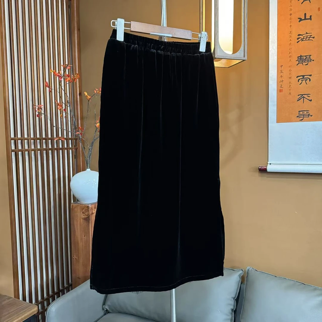 【中先森】 100%桑蚕丝气质显瘦蕾丝拼接真丝丝绒双侧开叉半裙  532
