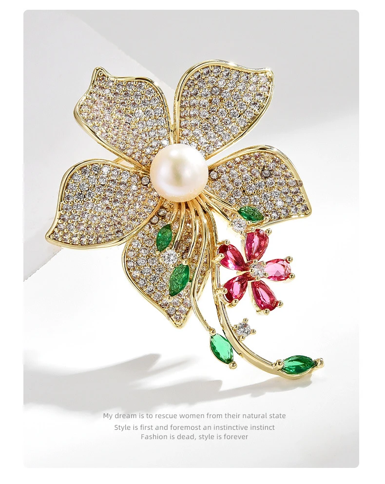 铜合金锆石胸针 百搭轻奢高档32564高级感微镶田园风芙蓉花朵胸针