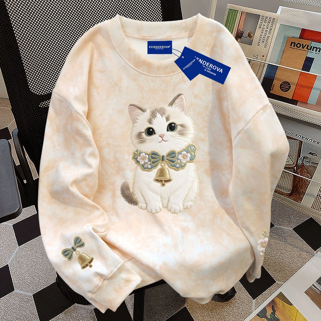 日系休闲可爱宽松显瘦扎染圆领卫衣男女秋冬季中性风加绒加厚上衣