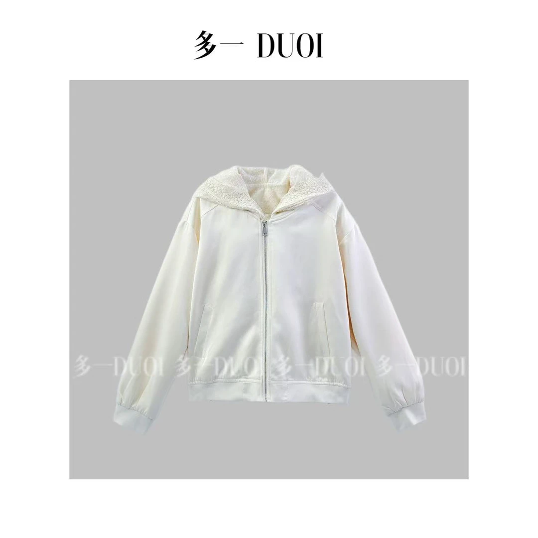 多一“花漾”2025早春气质蕾丝拼接缎面连帽宽松休闲棒球服短外套