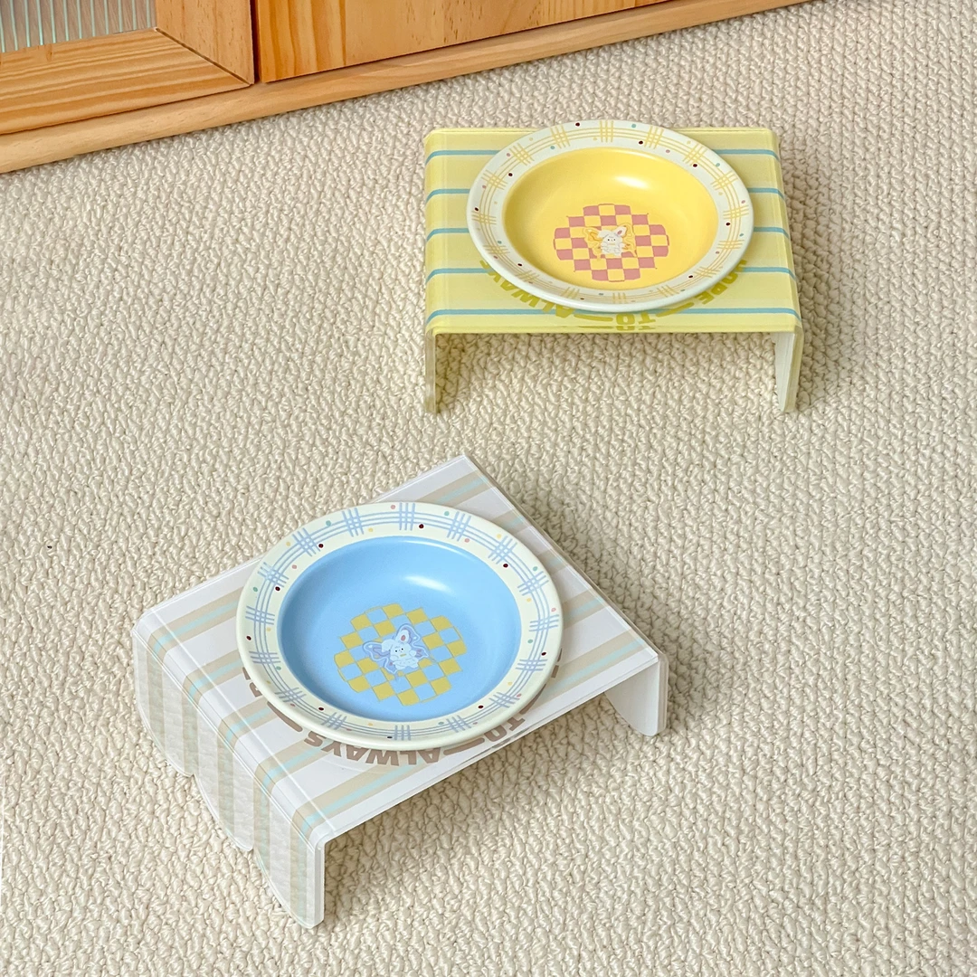 简约风护边飞碟盘带碗架可爱陶瓷碗防打翻宠物碗猫碗狗碗猫咪水碗