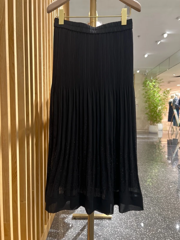 声雨竹1R208新款时尚亚褶绣花高腰半裙松紧高腰拼接遮胯百褶半裙