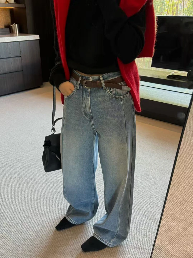 6838#复合厚绒新款 反季色 韩版高腰直筒弯刀裤 休闲牛仔裤女