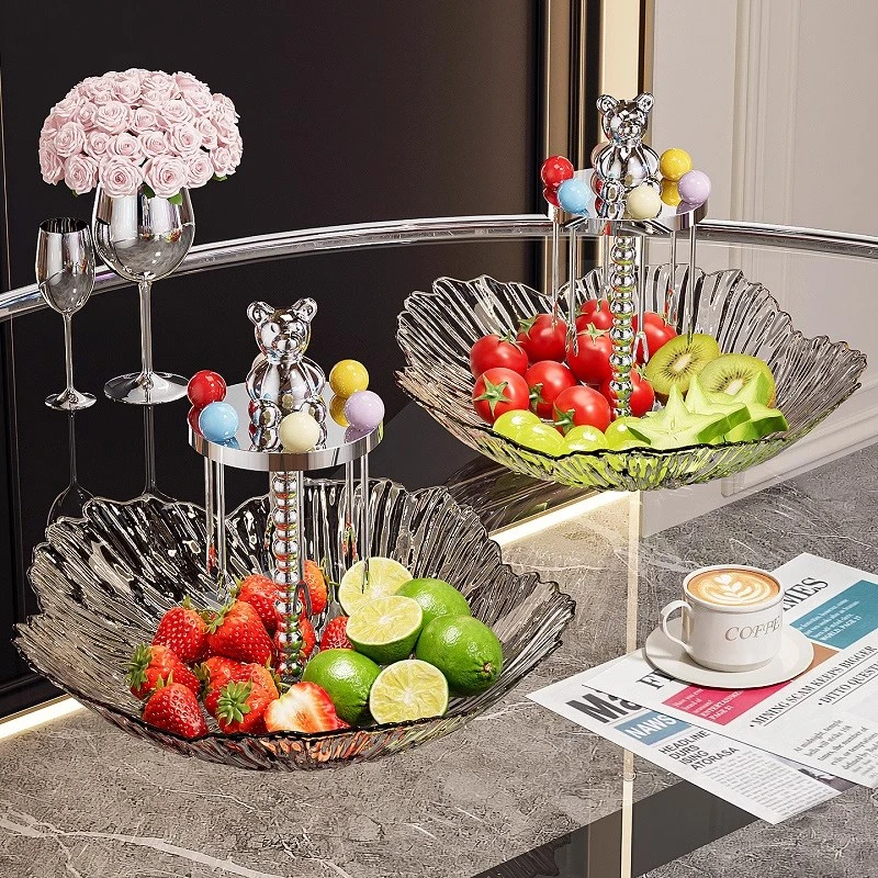 带叉花瓣水果盘创意透明带卡通小熊甜品叉塑料PET网红花瓣甜品盘