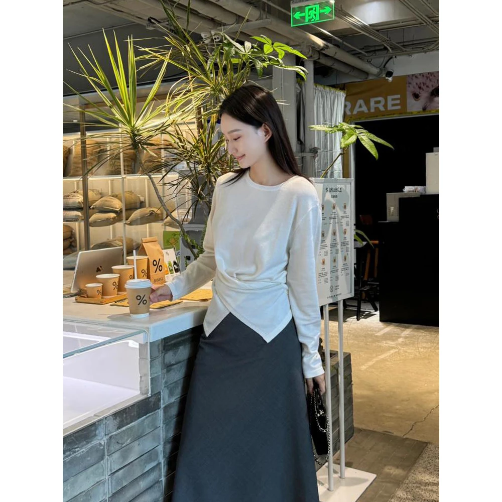 韩系百搭不规则白色内搭针织衫女春秋设计感小众交叉外穿打底上衣