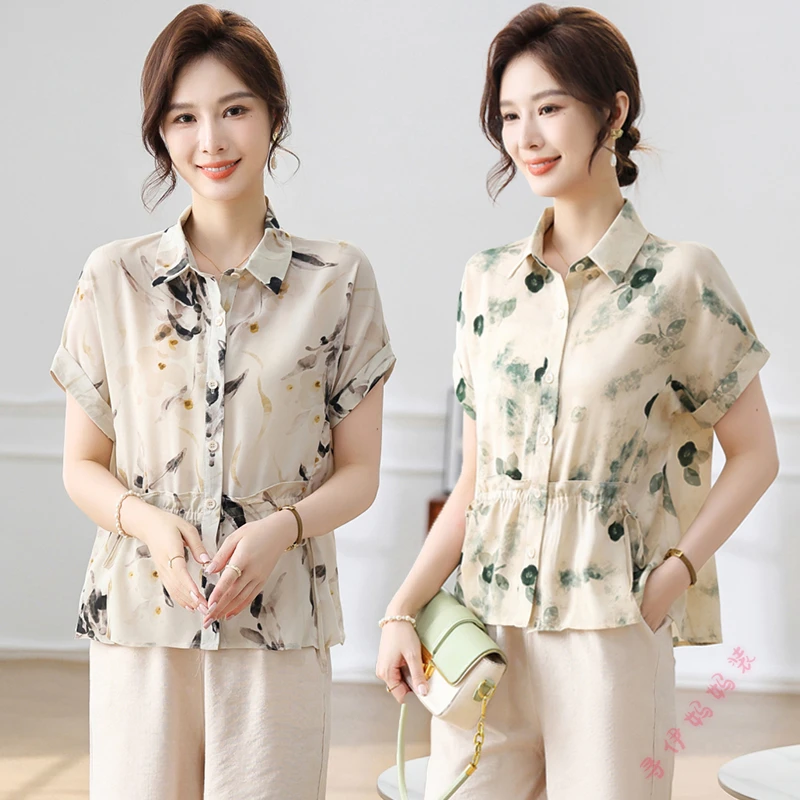 新款夏季时尚妈妈装短袖翻领开衫中老年女装洋气中年休闲领小衫