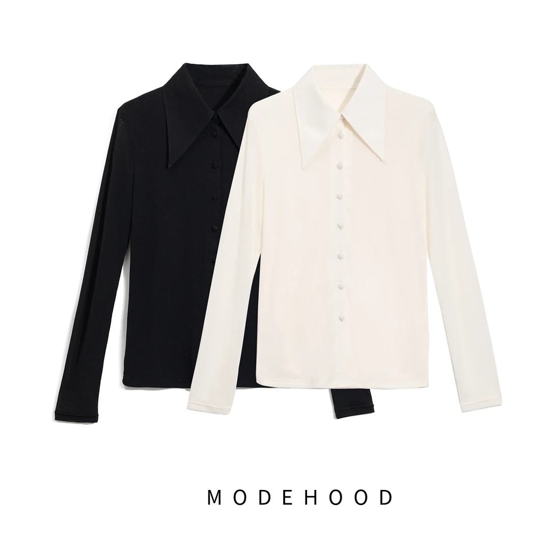 MODEHOOD伊凡【网纱衬衫】2025秋冬尖领单排扣衬衫弹力上衣QZ-116