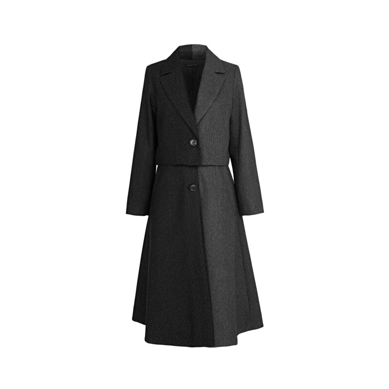 圣迪奥西装领拼接撞色收腰外套长款大衣S234Z1411