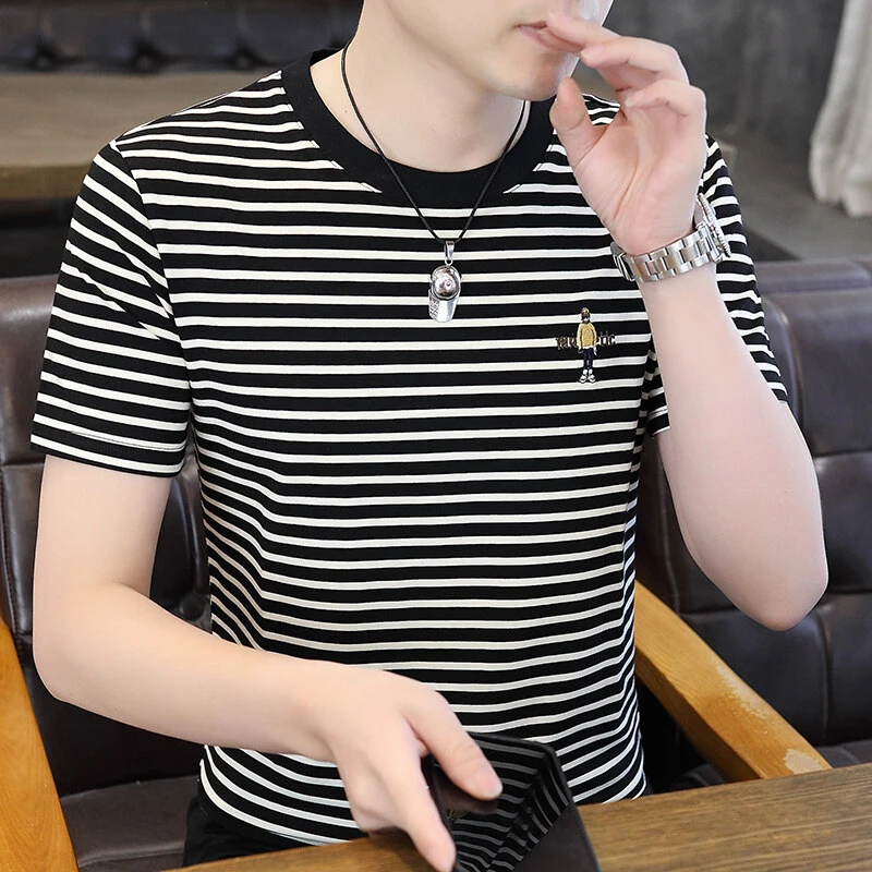 夏季新款男士圆领短袖百搭休闲时尚潮流条纹短袖T恤男夏上衣5005
