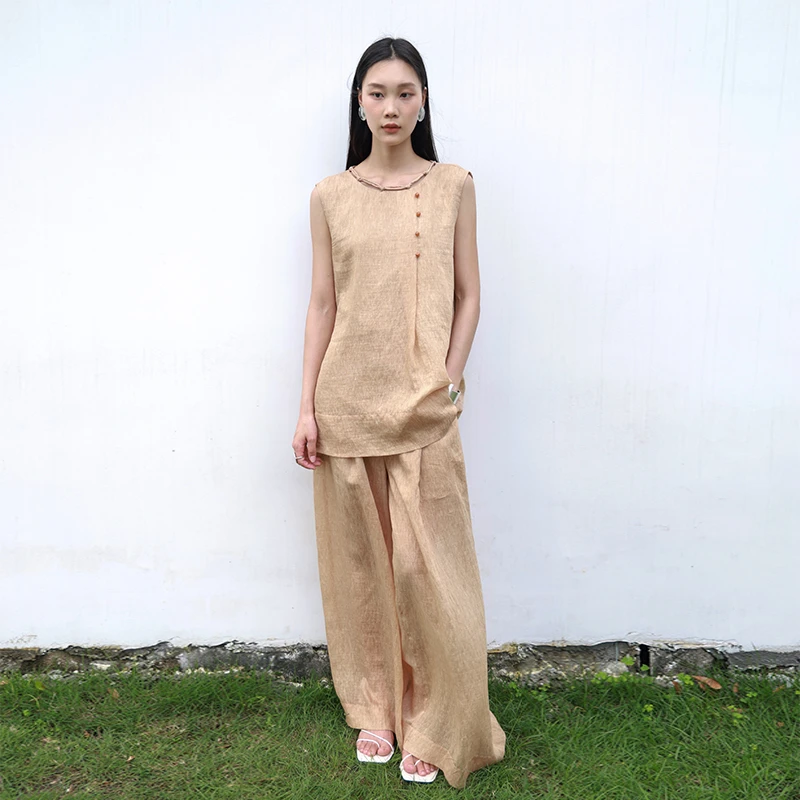 宽松微透天丝套装亚麻衬衫高品质极简衬衣阔腿裤两件套X1150