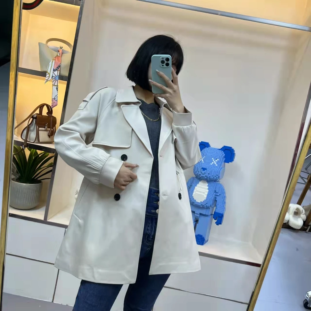 X0147【春季新款】时尚白色翻领收腰显瘦双排扣百搭外套