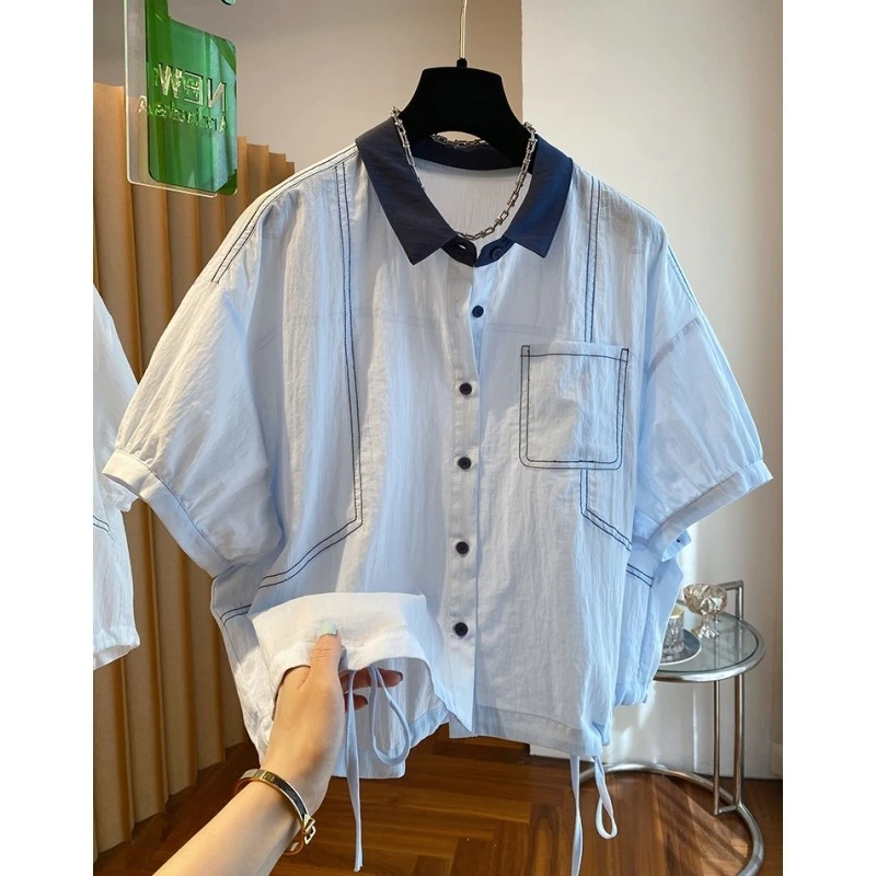 韩国高级感薄款翻领衬衫女短袖2025新款宽松纯棉娃娃领小衫上衣夏