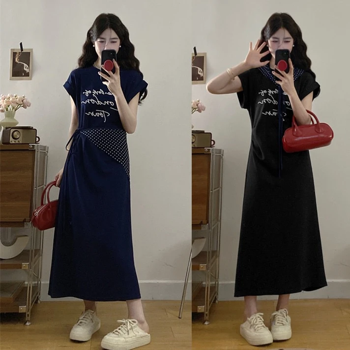 大码女装夏新款设计感字母刺绣韩版收腰显瘦百搭连衣裙长款T恤裙