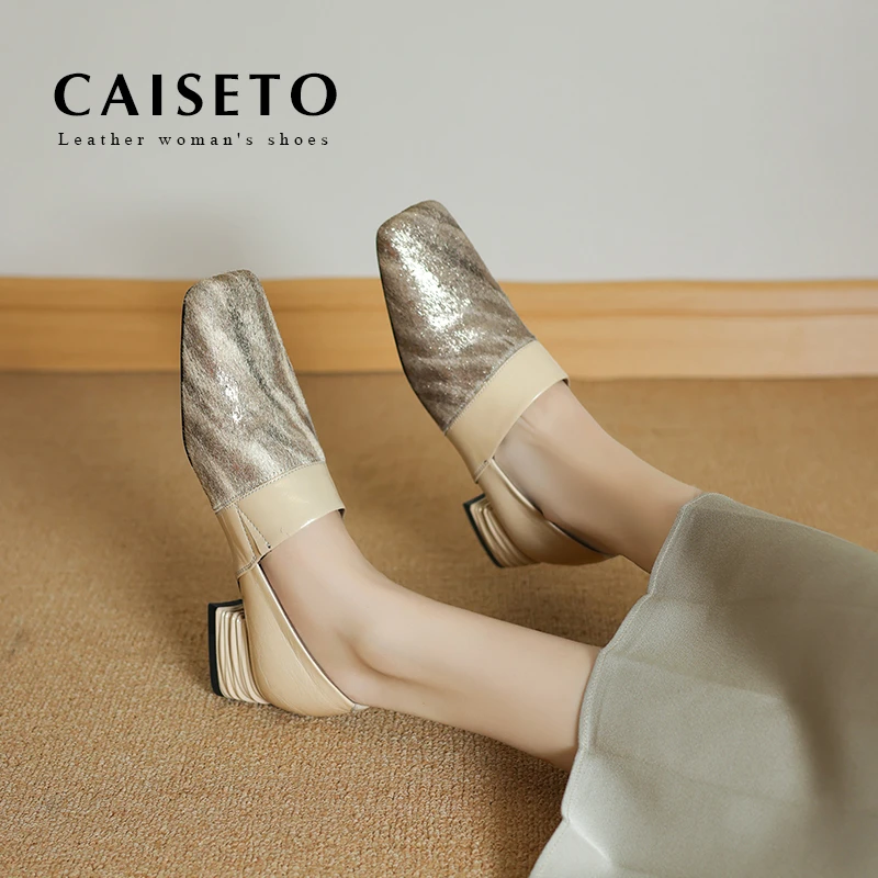 深口单鞋女2025春款真皮马毛小香风粗跟软皮百搭软底小皮鞋25D004