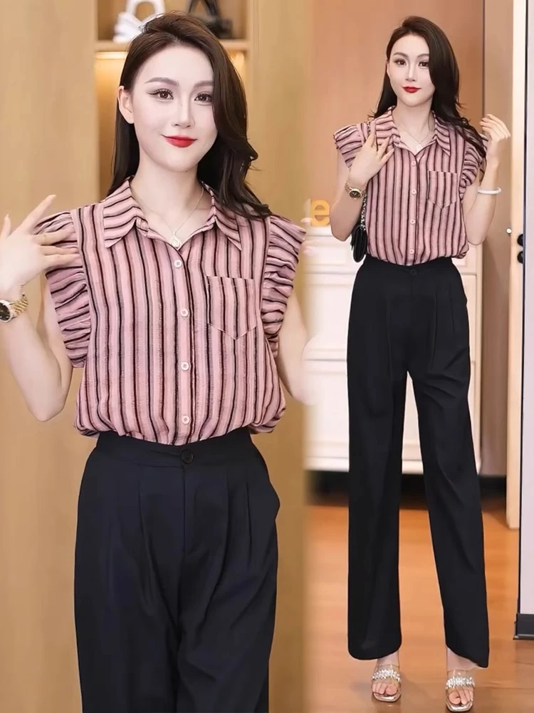 时尚套装女2025夏季新款时髦洋气减龄条纹衬衫显瘦阔腿裤两件套潮