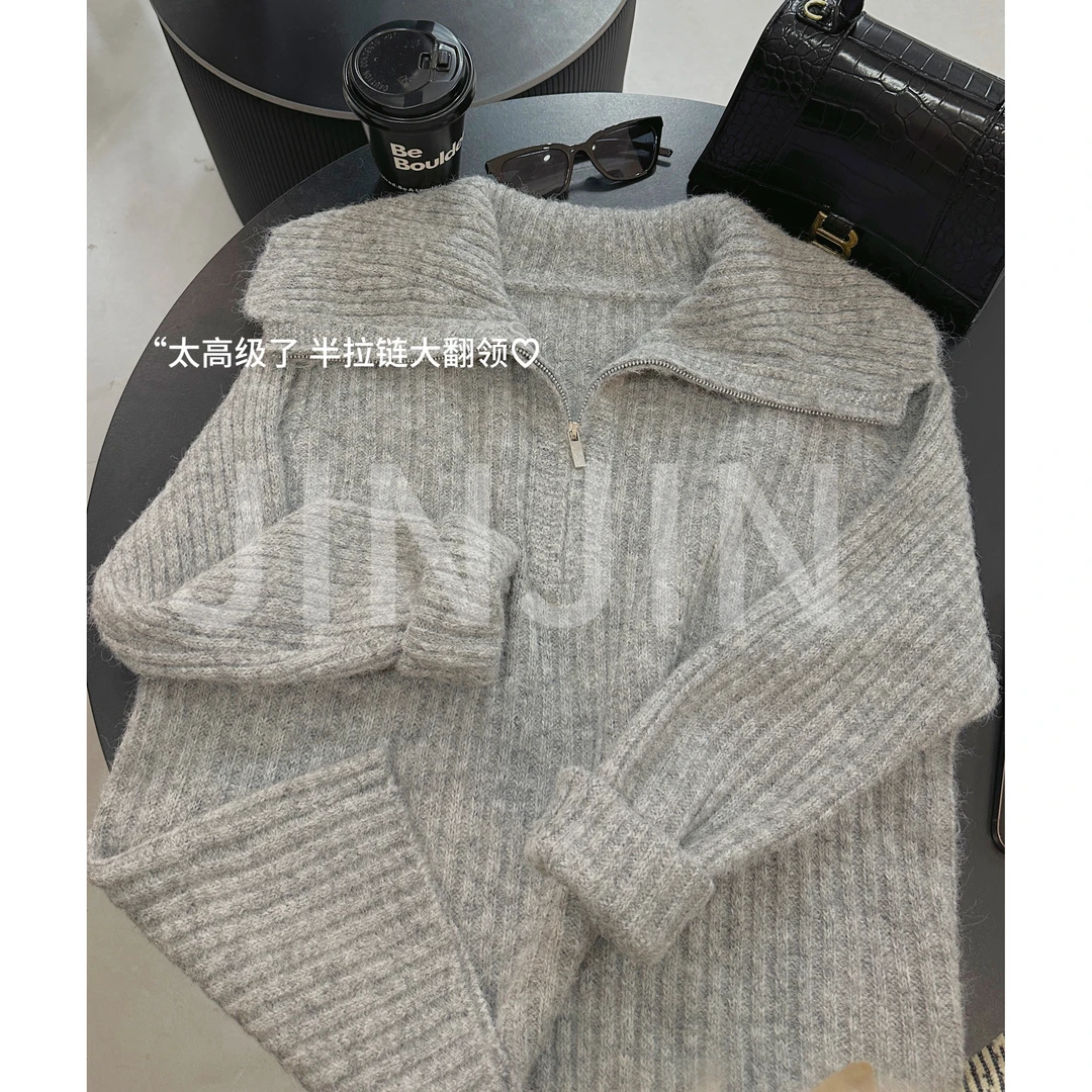 【羊驼长毛】半岛情书 高级灰海军领针织衫半拉链设计百搭毛衣108