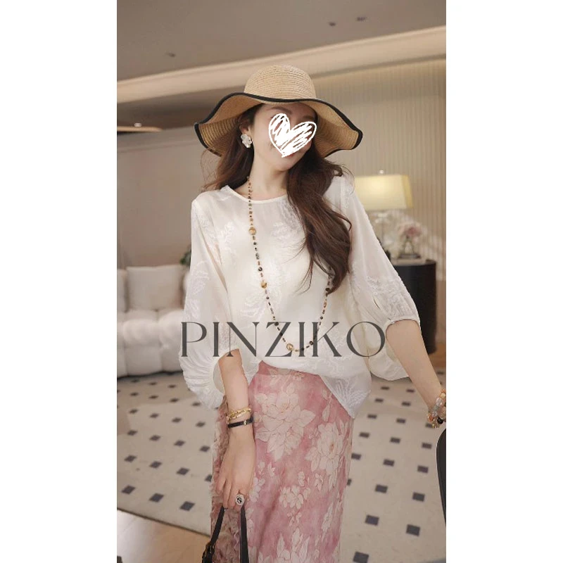pinziko海草花~新中式刺绣灯笼袖7分袖衬衫设计感宽松上衣TJF178