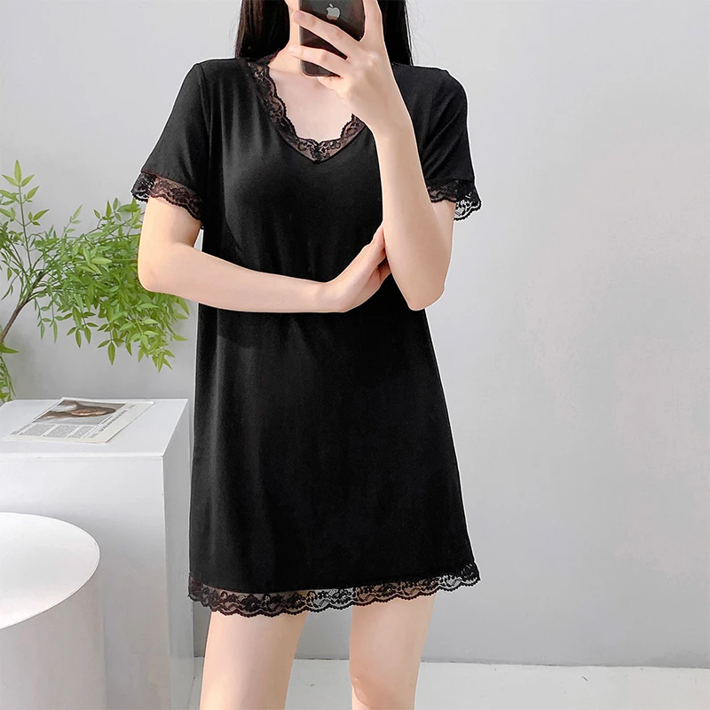 性感睡衣女式夏季新款带胸垫莫代尔短袖睡裙蕾丝花边薄款家居短裙