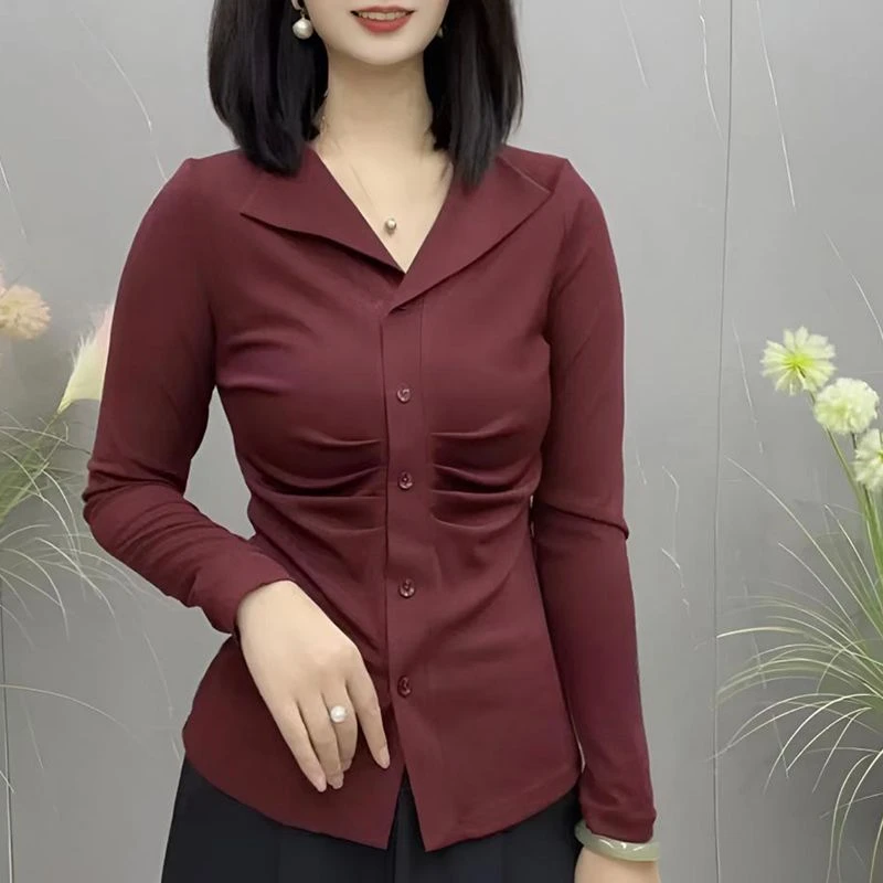 时尚设计感长袖T恤女春秋新款打底褶皱显瘦时百搭洋气衬衫女上衣