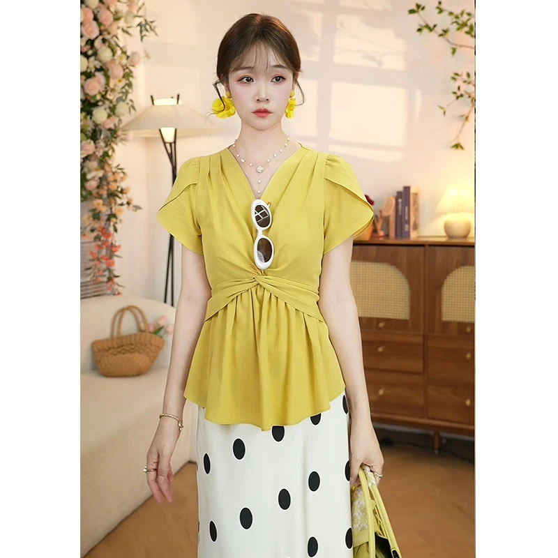 【黄色V领绑带衬衫】法式休闲气质减龄时尚百搭短袖不规则系带衬衫