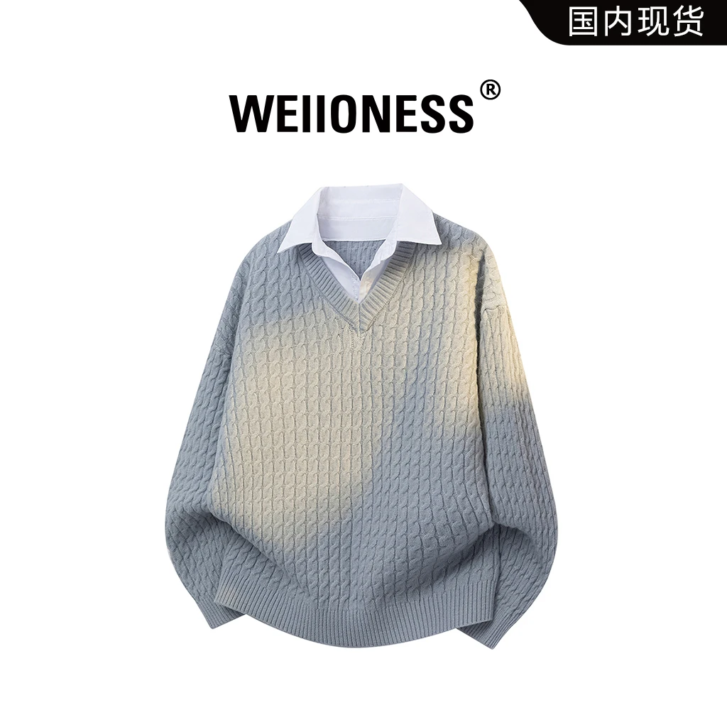 WEIIONESS翻领针织衫毛衣男款秋季日系套头宽松韩版学院风上衣