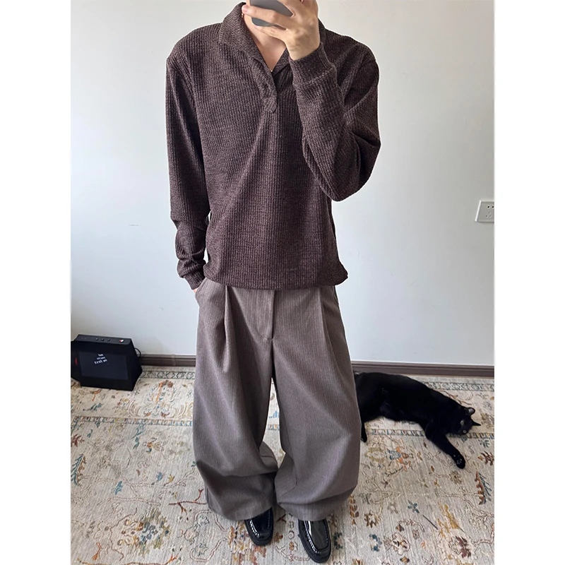 老钱风男装棕咖色针织POLO衫男早秋穿搭意式一片领长袖打底衫上衣