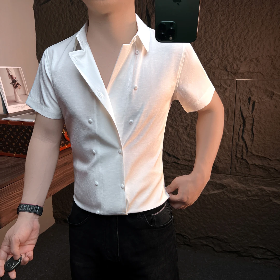 双排扣衬衫短袖男款爆款2025新款英伦雅痞风格男装高级感男士衬衣