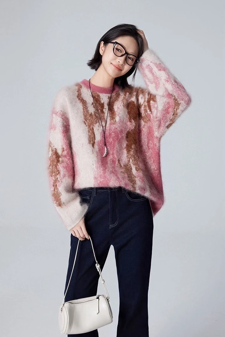 VISHALL700-799大理石提花拉绒慵懒圆领女渐变保暖针织羊绒衫气质