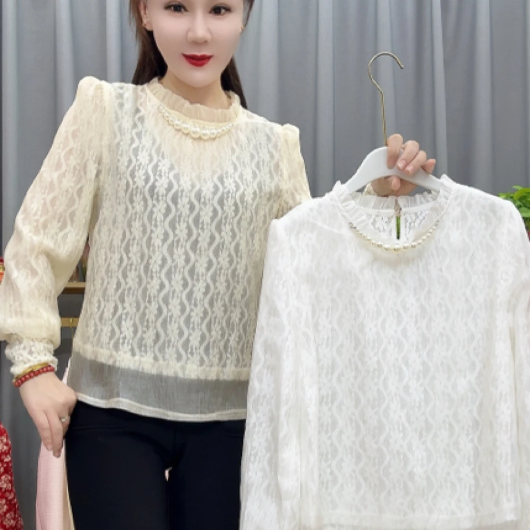 精致轻奢气质珍珠花边领蕾丝衫