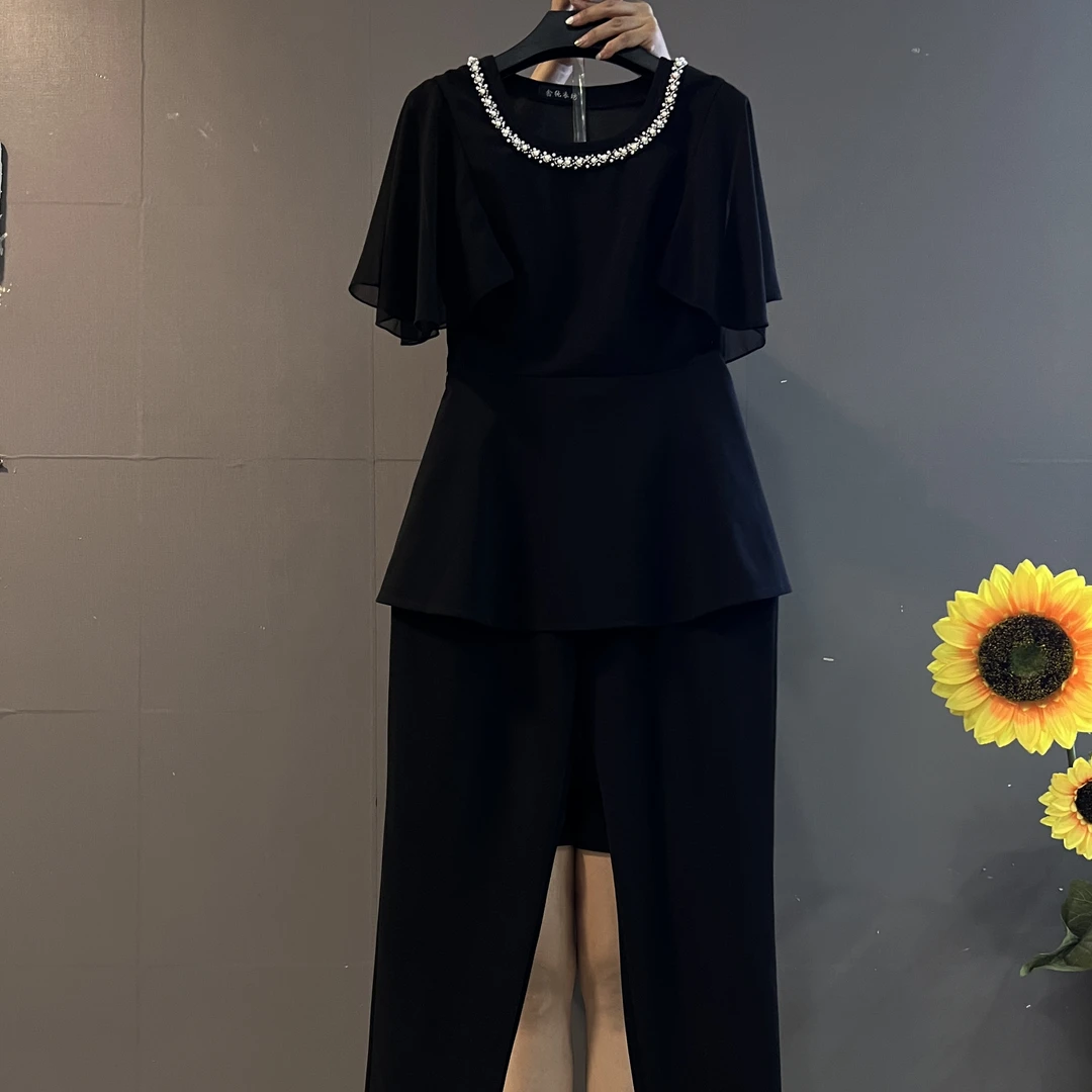 大码高级感收腰显瘦钉珠设计上衣喇叭袖长裤两件套套装9114