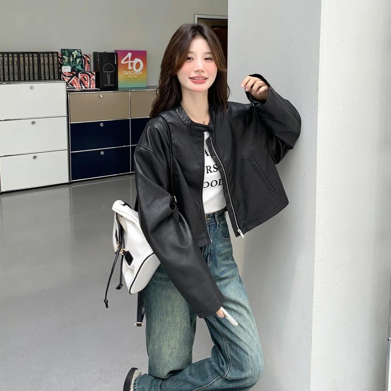 小个子短款黑色皮衣外套女2025春秋新款时髦炸街宽松廓形PU皮夹克