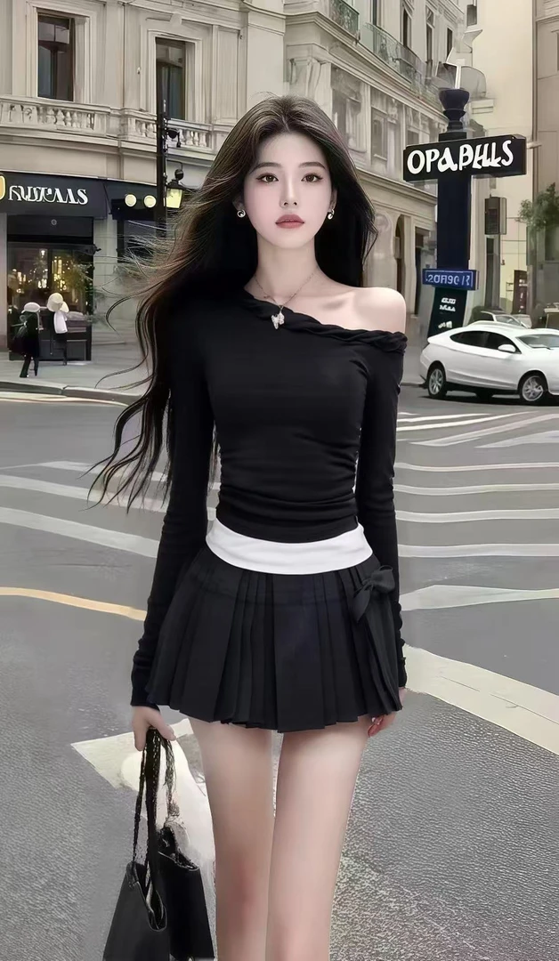 新款韩版时尚气质辣妹风黑色斜领长袖修身收腰连衣裙氛围感短裙